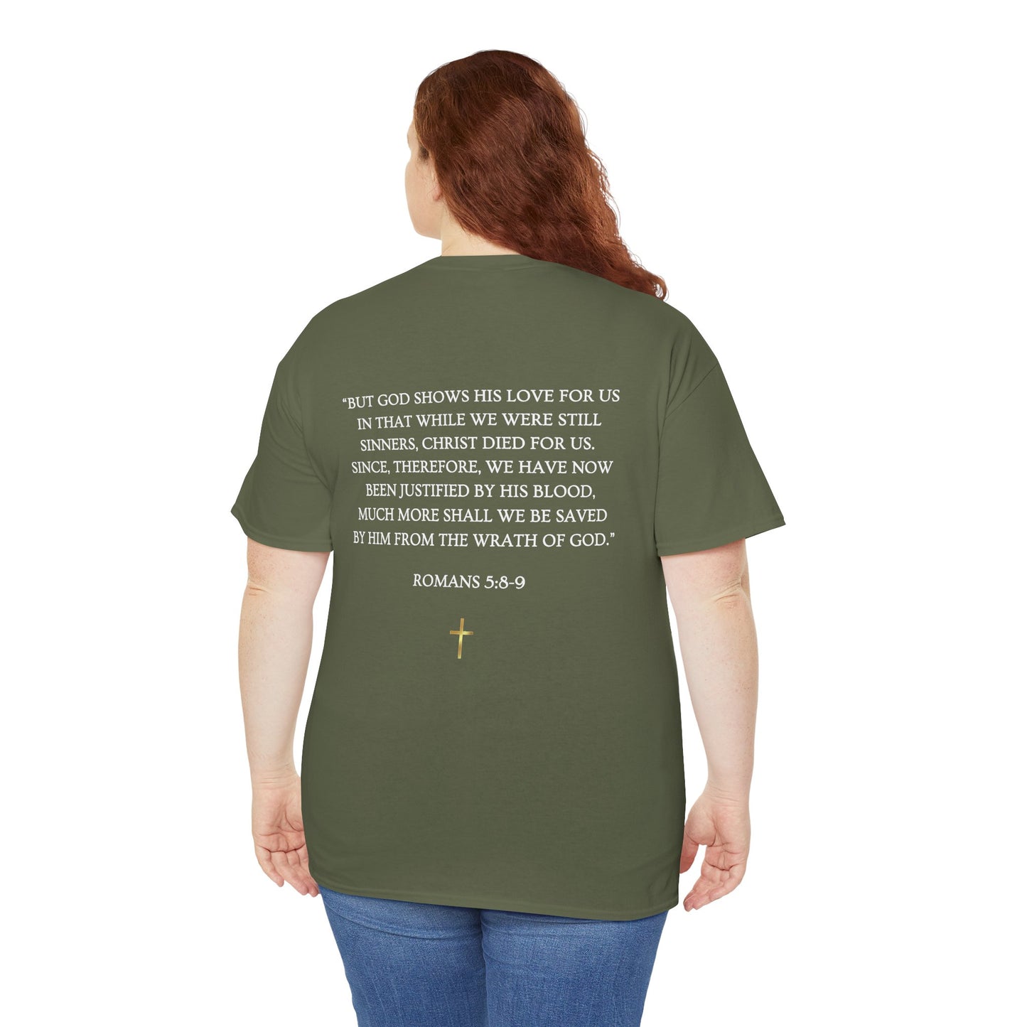 Christian Tee - "Loved Anyway" with Romans 5:8 Scripture Back