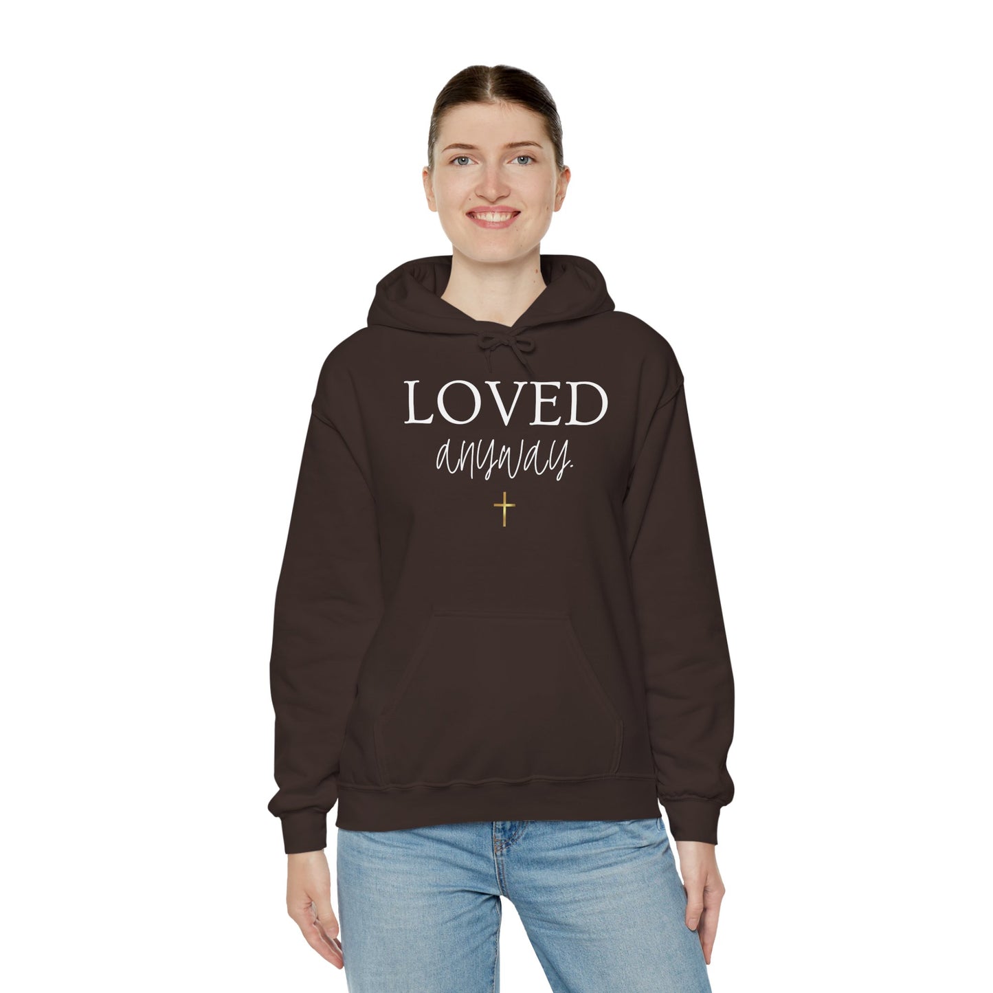 Loved Anyway Hoodie — Christian Scripture Pullover (Romans 5:8)