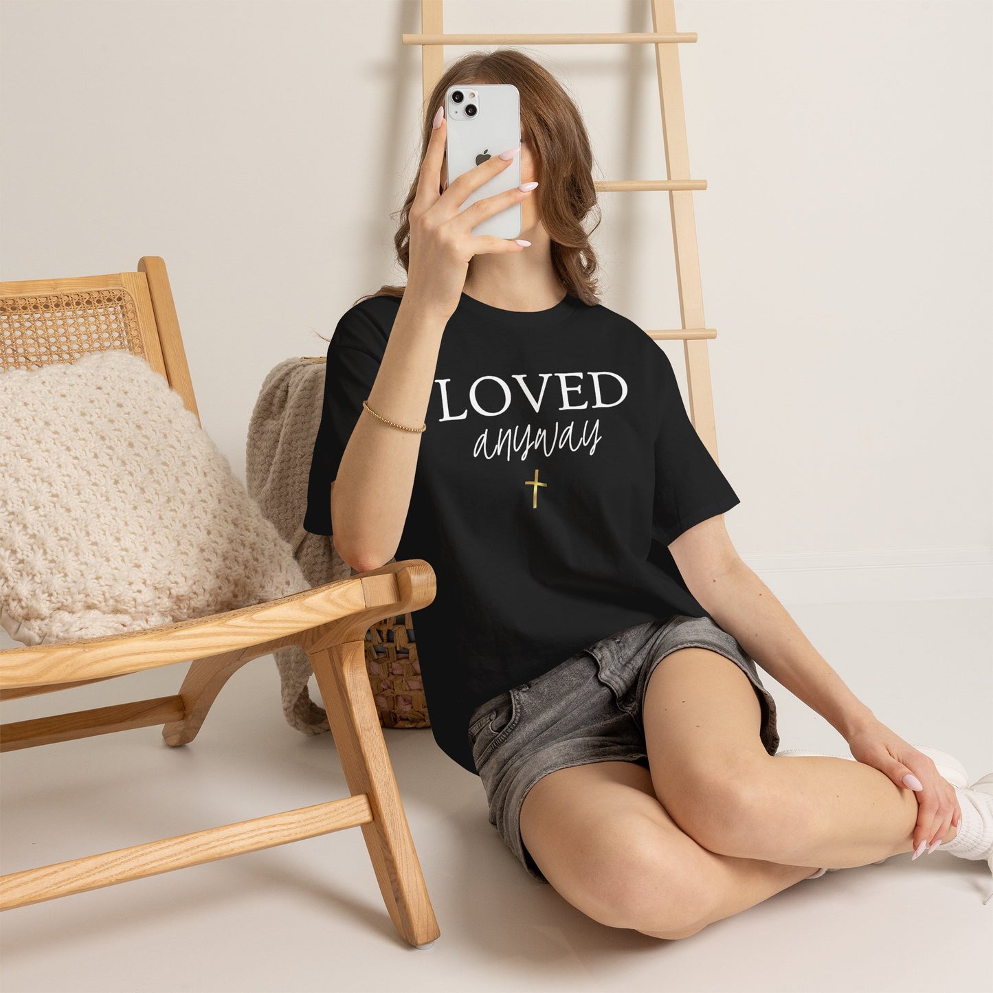 Christian Tee - "Loved Anyway" with Romans 5:8 Scripture Back