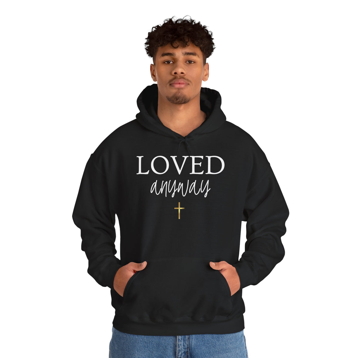 Loved Anyway Hoodie — Christian Scripture Pullover (Romans 5:8)