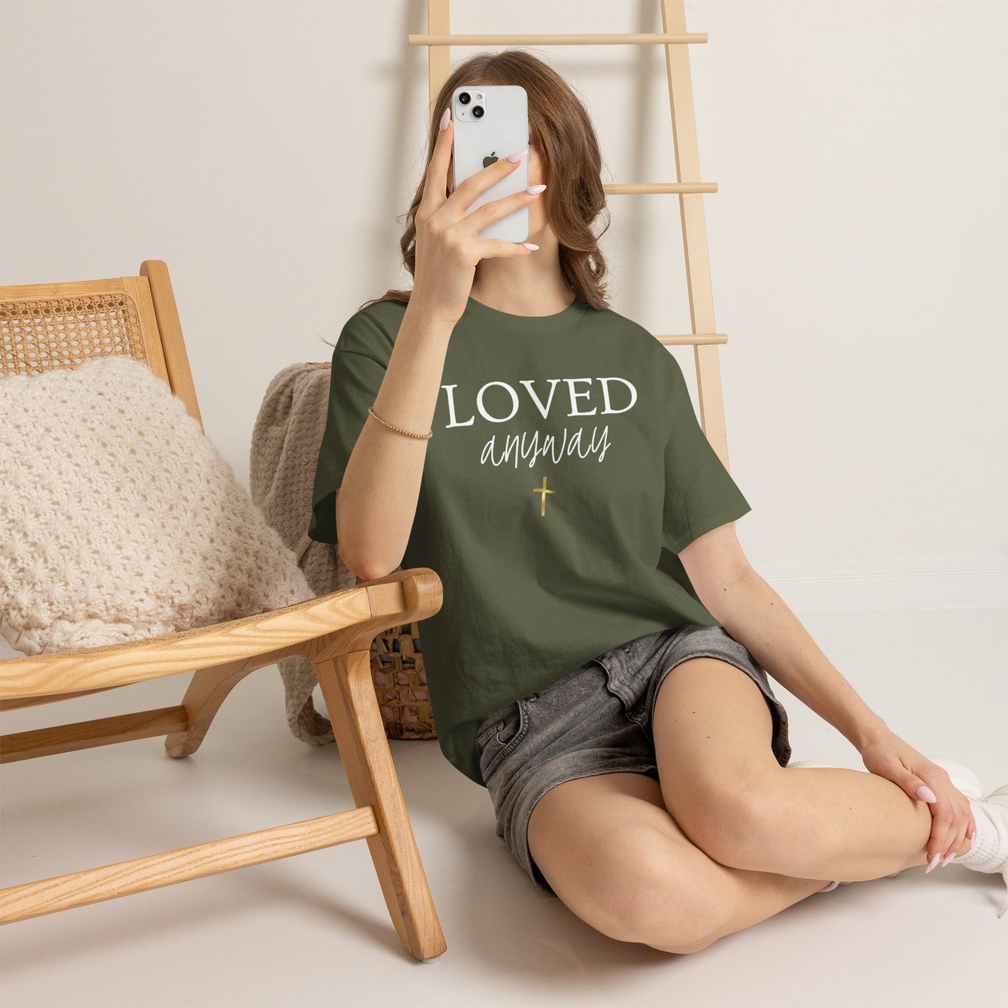 Christian Tee - "Loved Anyway" with Romans 5:8 Scripture Back