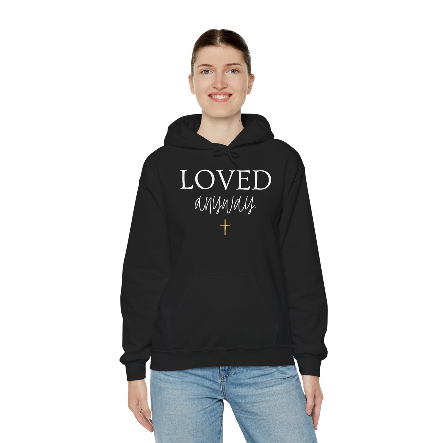 Loved Anyway Hoodie — Christian Scripture Pullover (Romans 5:8)