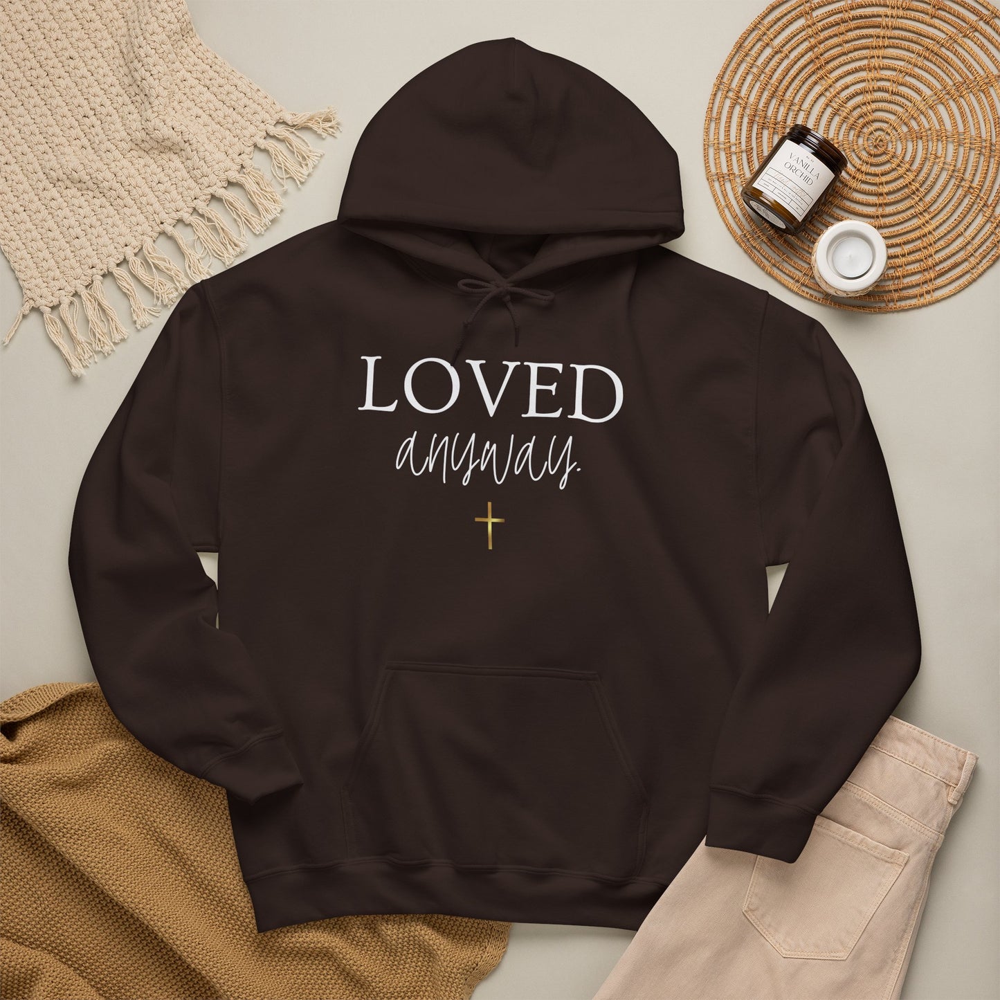 Loved Anyway Hoodie — Christian Scripture Pullover (Romans 5:8)