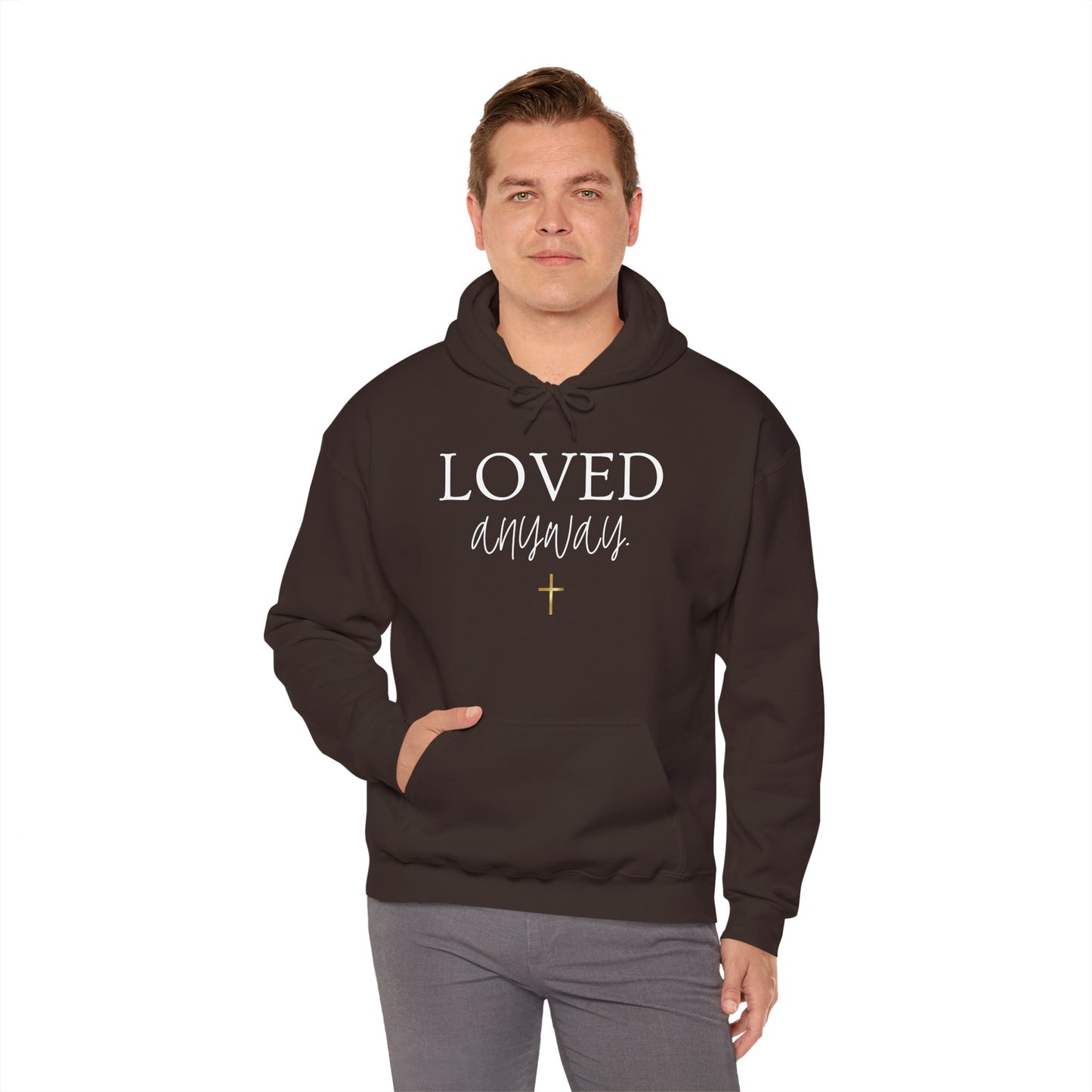 Loved Anyway Hoodie — Christian Scripture Pullover (Romans 5:8)