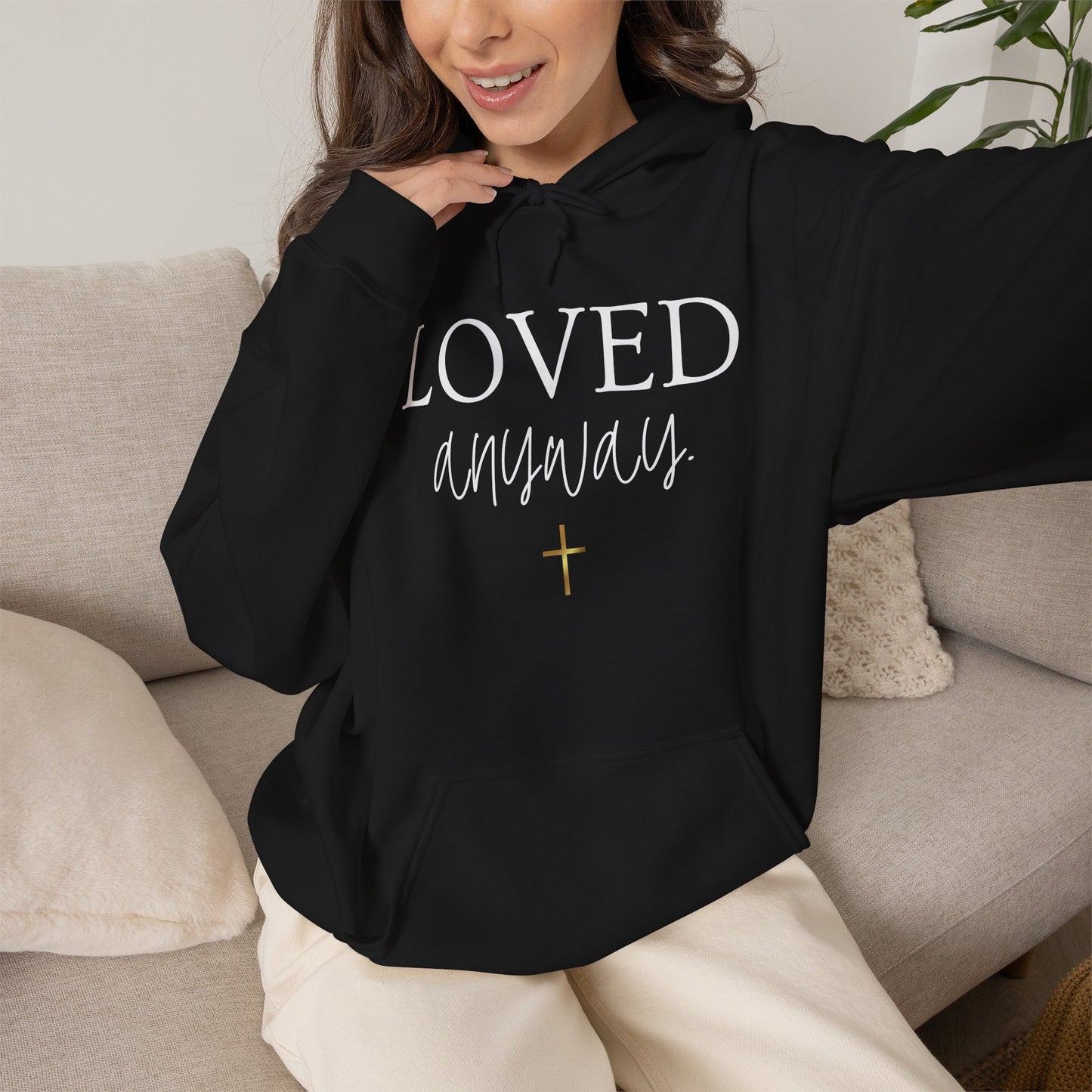 Loved Anyway Hoodie — Christian Scripture Pullover (Romans 5:8)