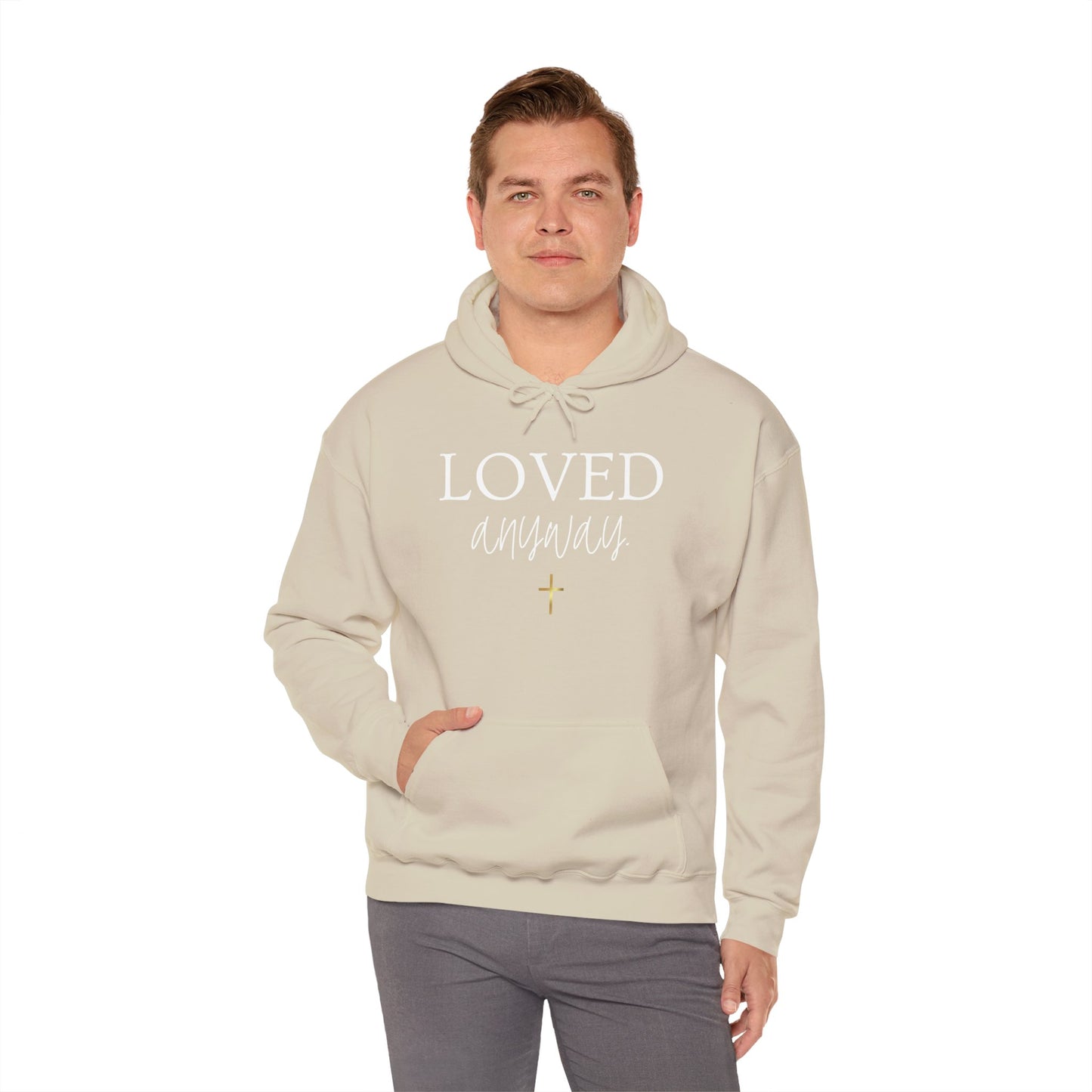 Loved Anyway Hoodie — Christian Scripture Pullover (Romans 5:8)