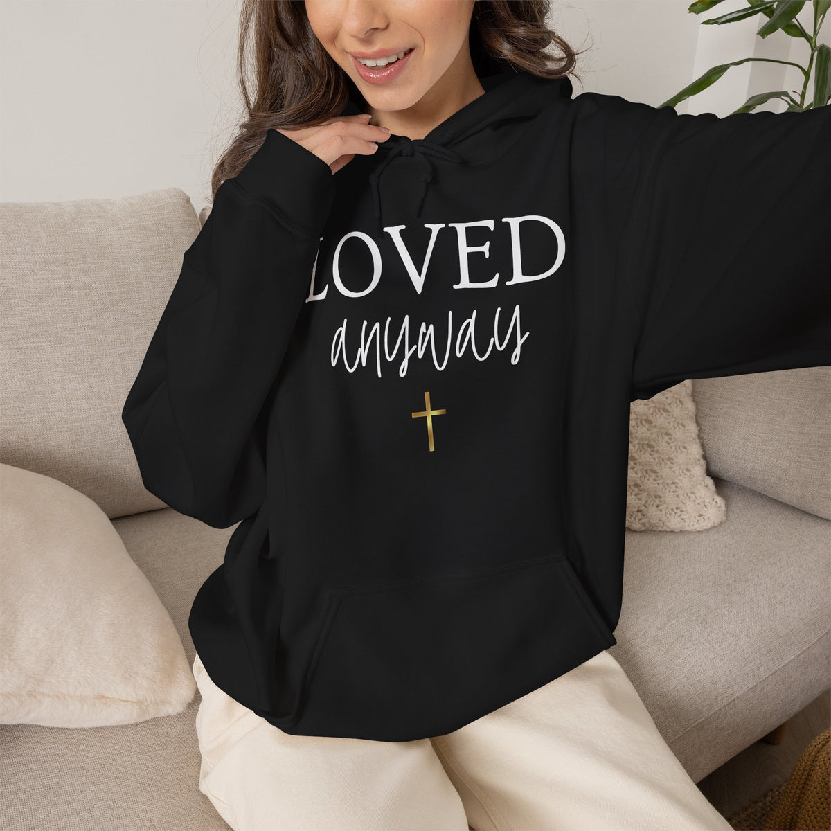 Loved Anyway Hoodie — Christian Scripture Pullover (Romans 5:8)