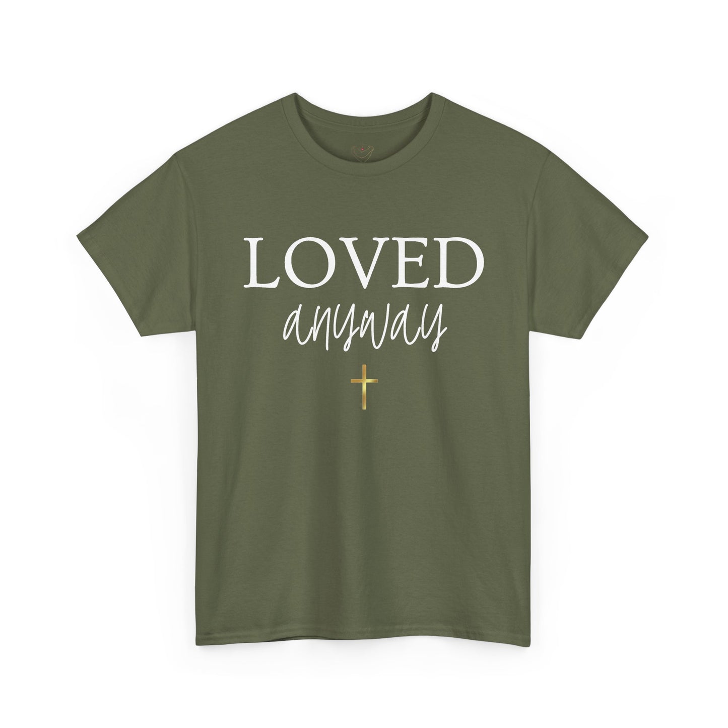 Christian Tee - "Loved Anyway" with Romans 5:8 Scripture Back