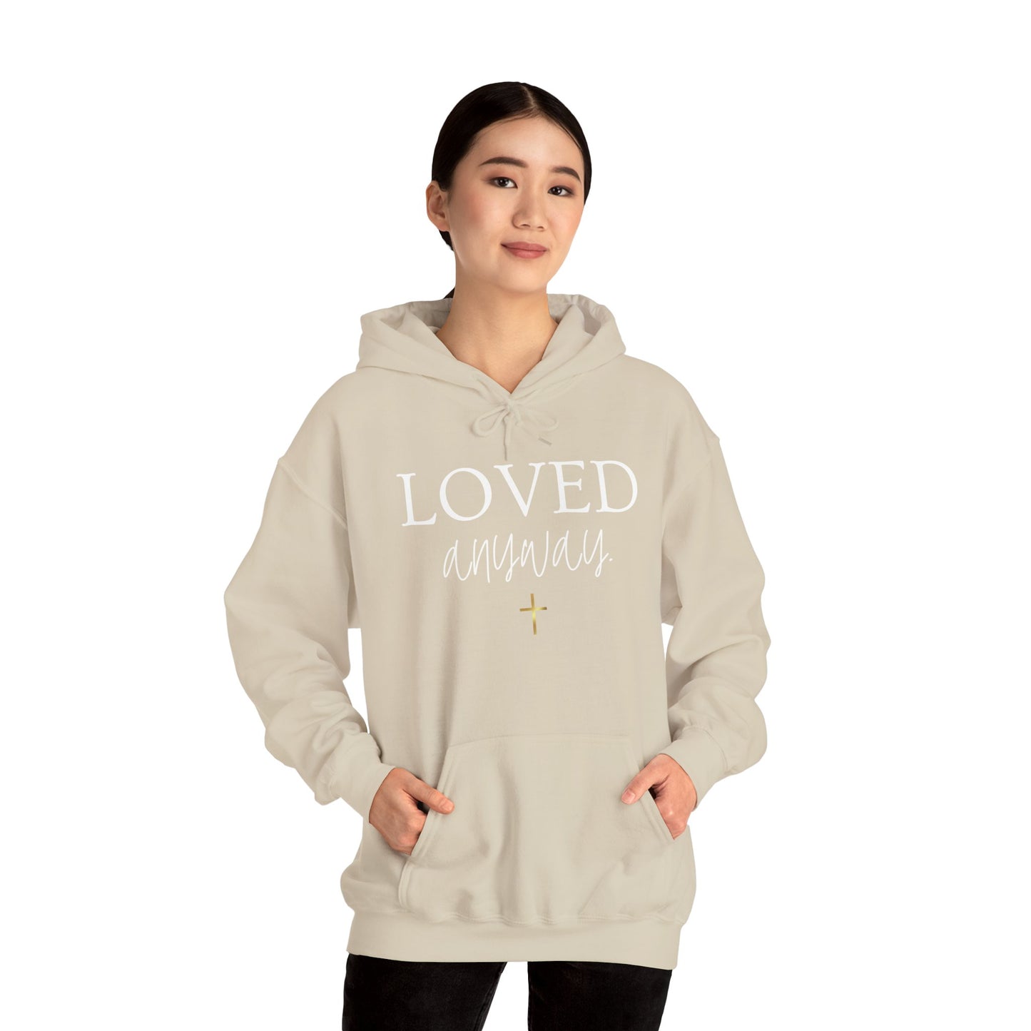 Loved Anyway Hoodie — Christian Scripture Pullover (Romans 5:8)