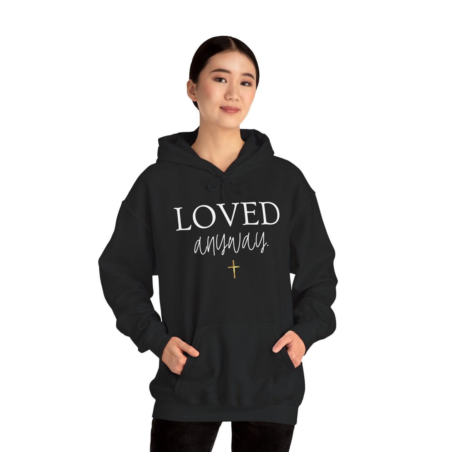 Loved Anyway Hoodie — Christian Scripture Pullover (Romans 5:8)