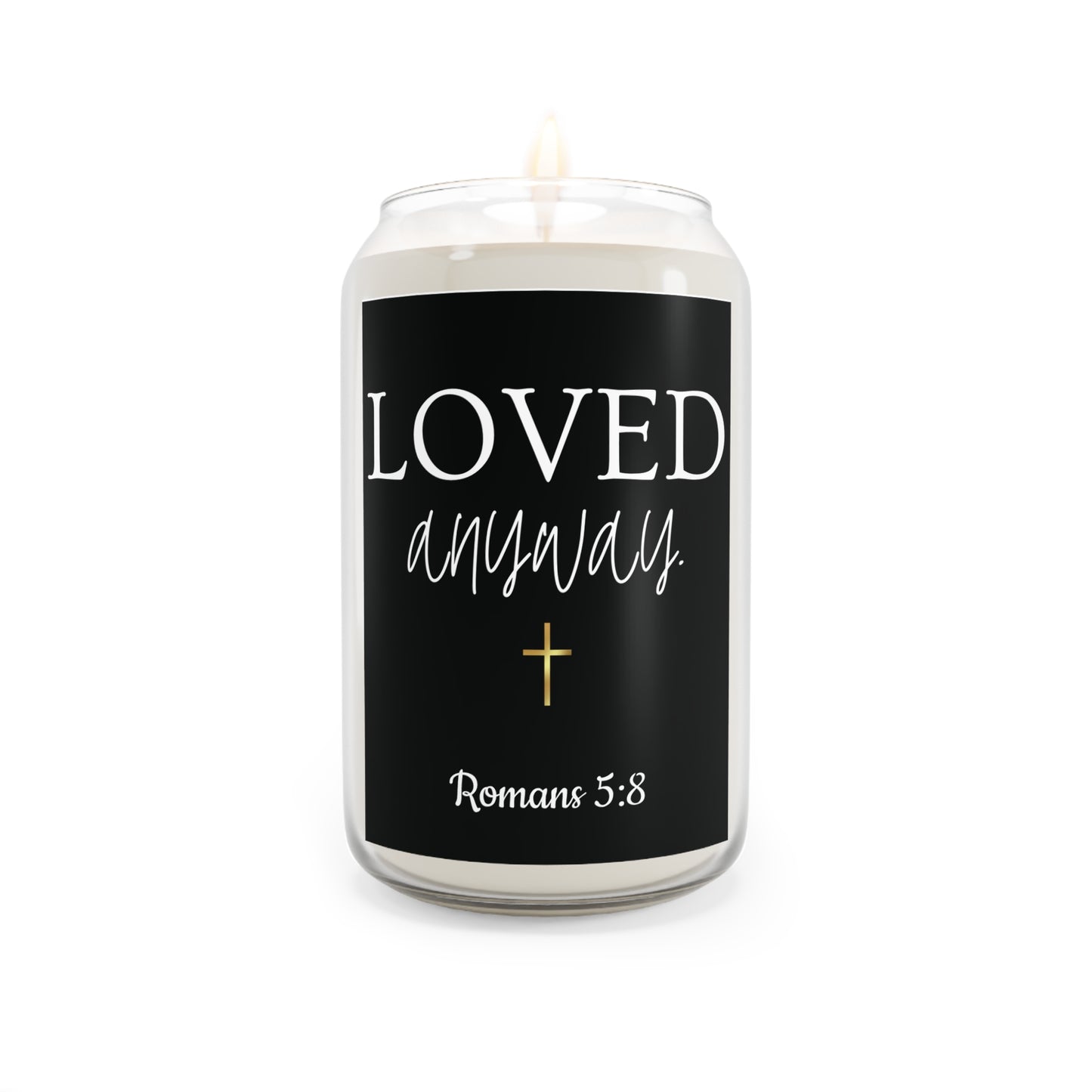 Loved Anyway Gold Cross Soy Candle – 13.75oz Christian Scented Candle (Romans 5:8)