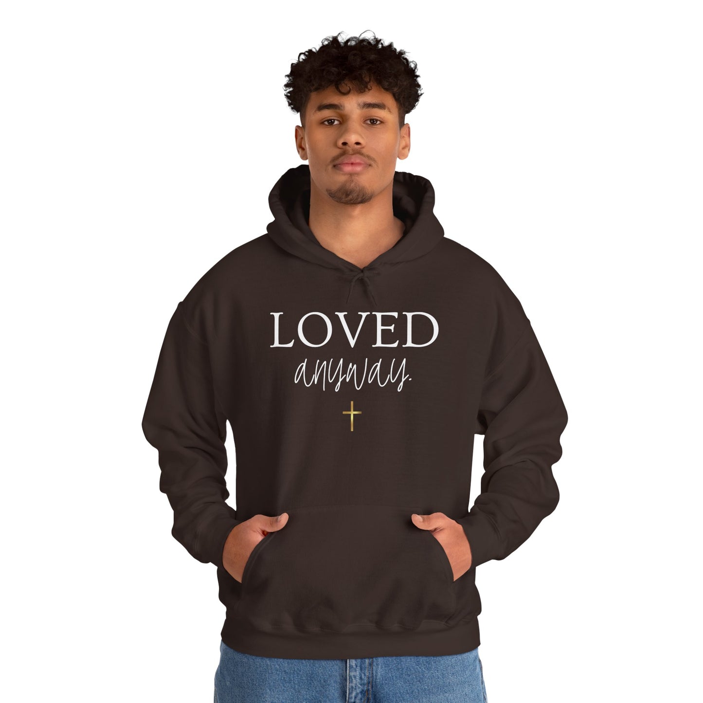Loved Anyway Hoodie — Christian Scripture Pullover (Romans 5:8)