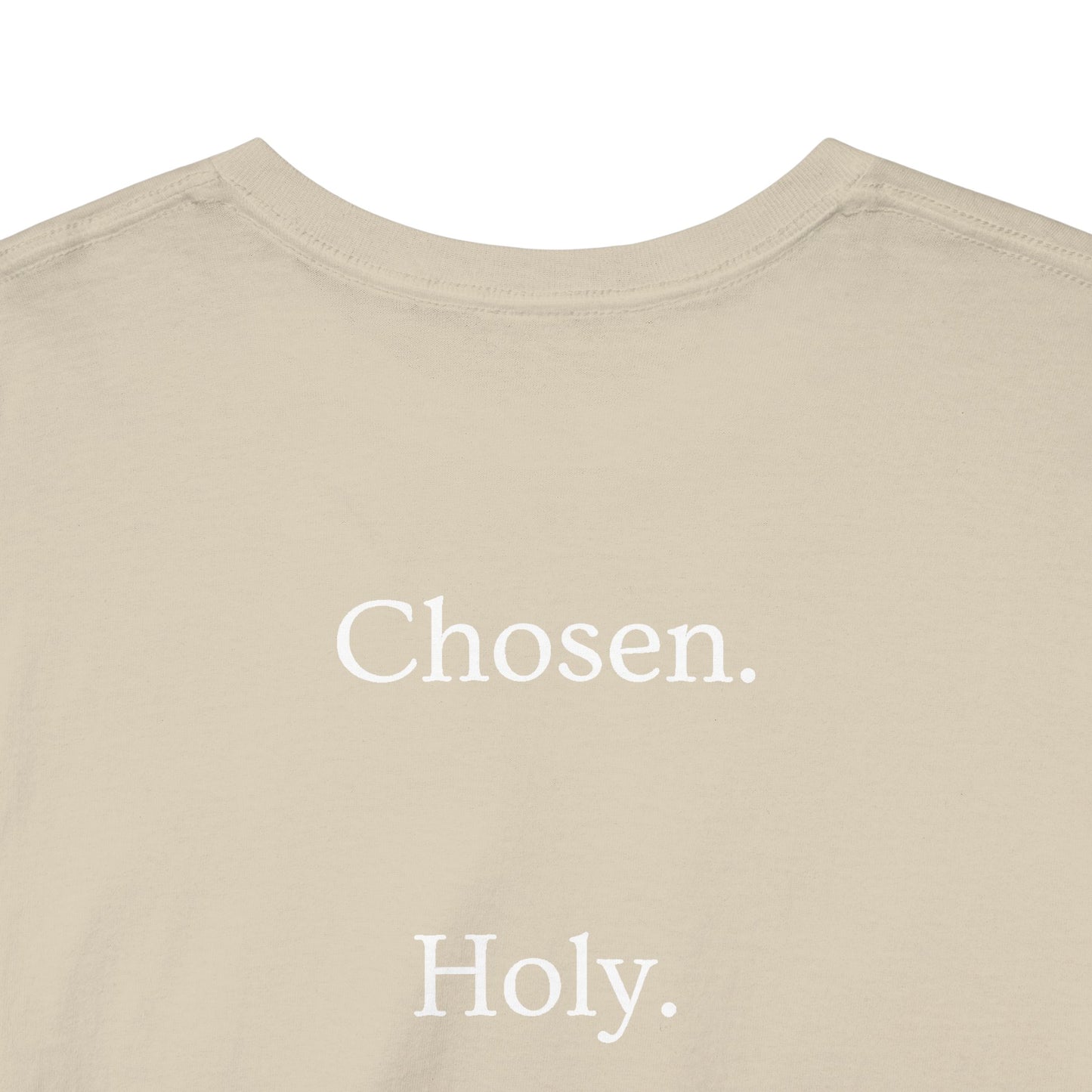 Chosen Christian T-Shirt — "CHOSEN." Front with 1 Peter 2:9 Back