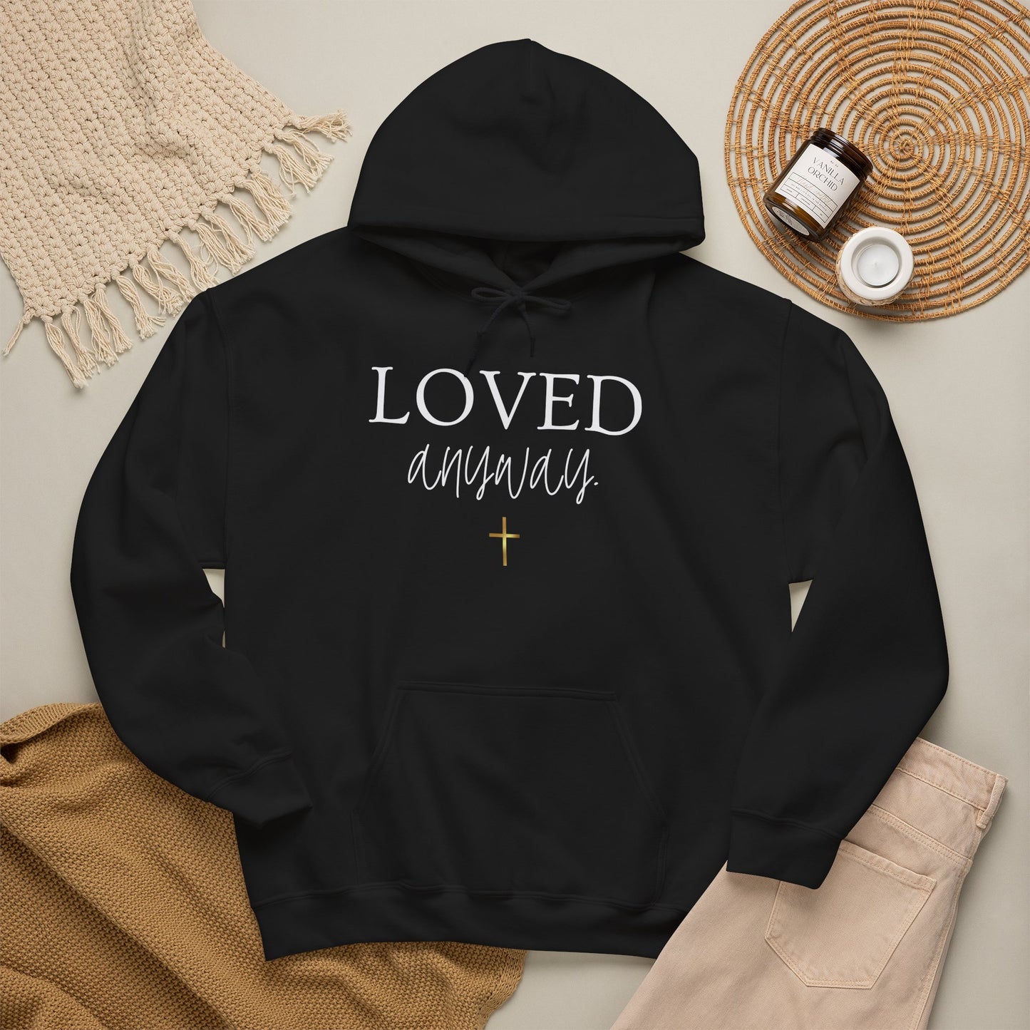 Loved Anyway Hoodie — Christian Scripture Pullover (Romans 5:8)
