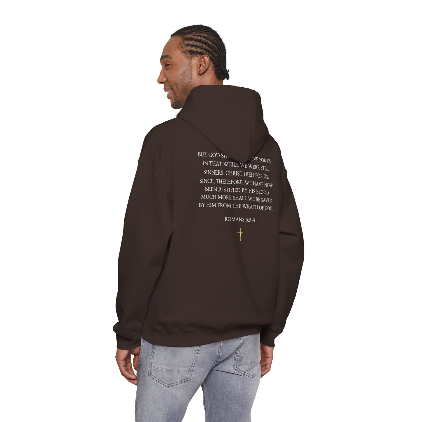 Loved Anyway Hoodie — Christian Scripture Pullover (Romans 5:8)