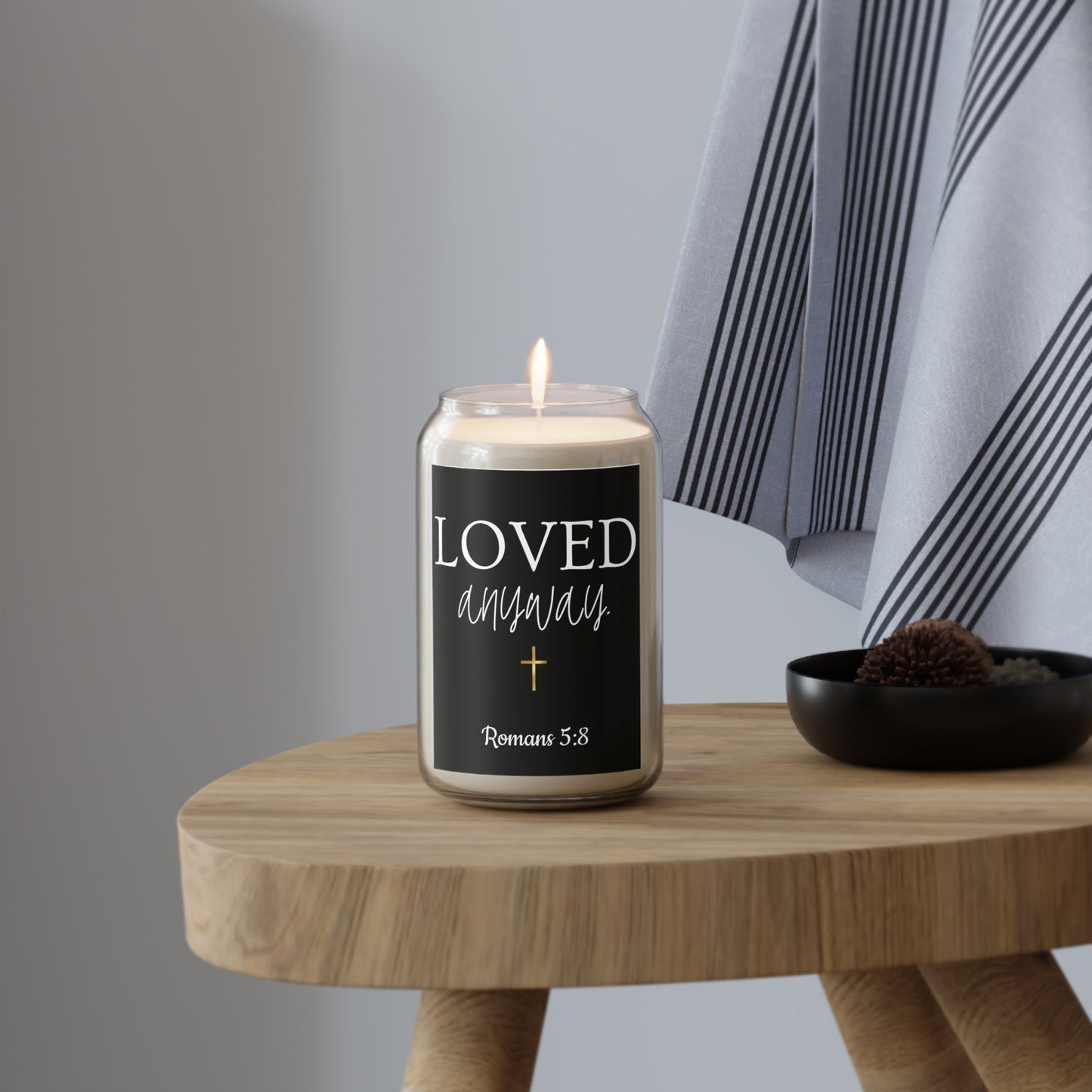 Loved Anyway Gold Cross Soy Candle – 13.75oz Christian Scented Candle (Romans 5:8)