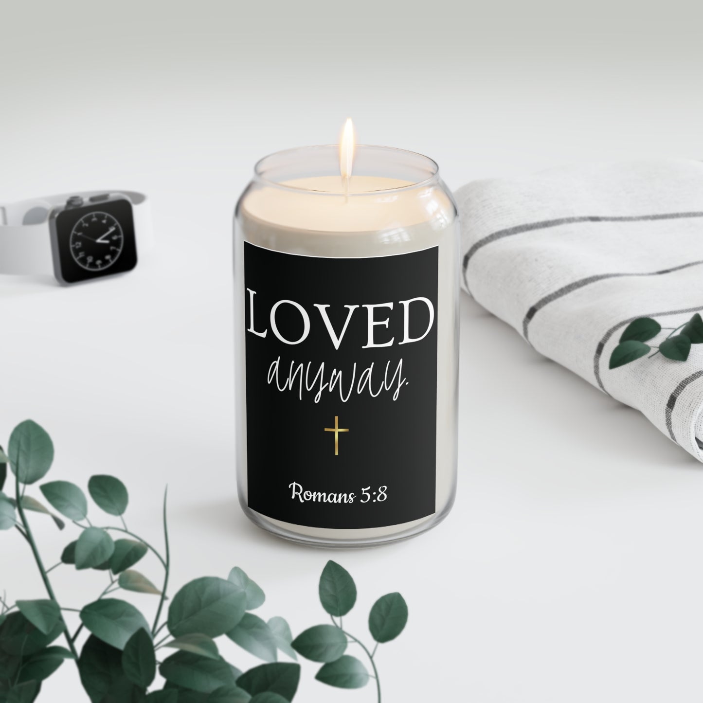 Loved Anyway Gold Cross Soy Candle – 13.75oz Christian Scented Candle (Romans 5:8)