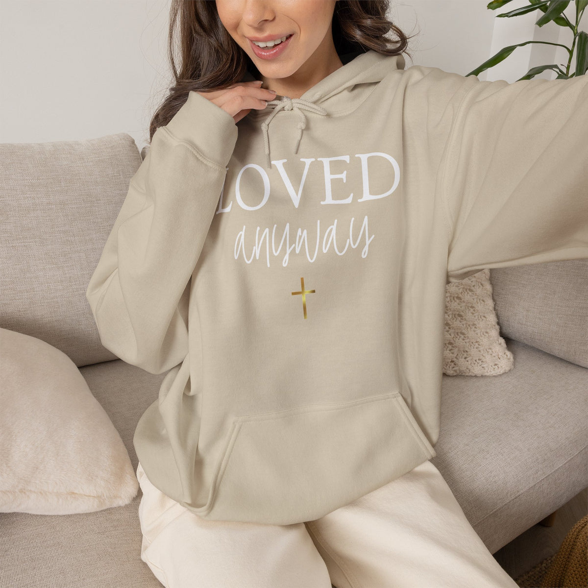 Loved Anyway Hoodie — Christian Scripture Pullover (Romans 5:8)