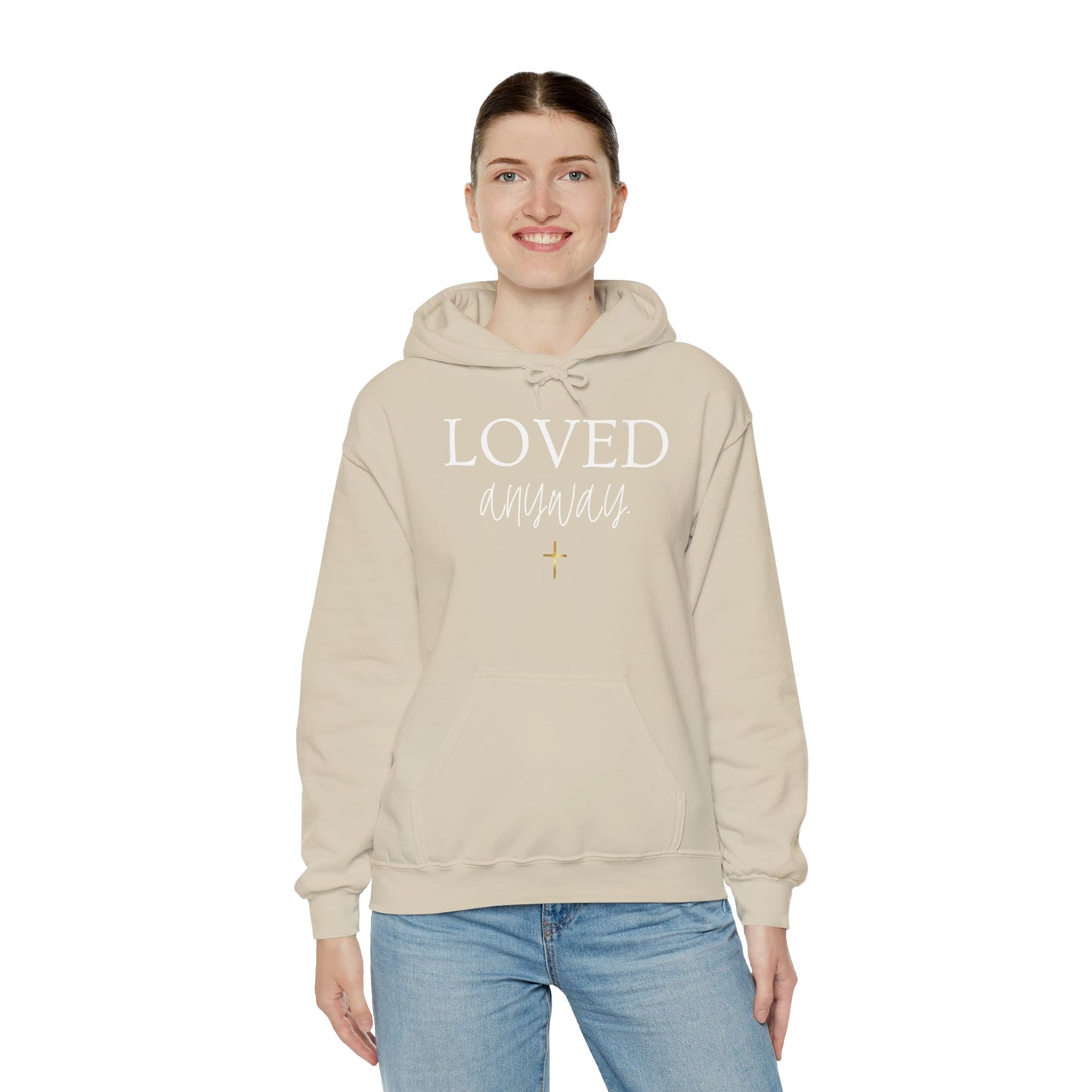 Loved Anyway Hoodie — Christian Scripture Pullover (Romans 5:8)